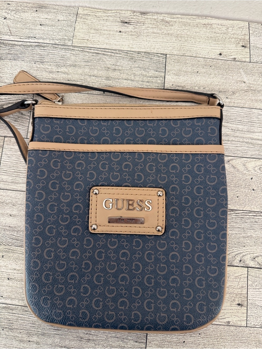 Guess Navy Monogram Crossbody with Beige Trim